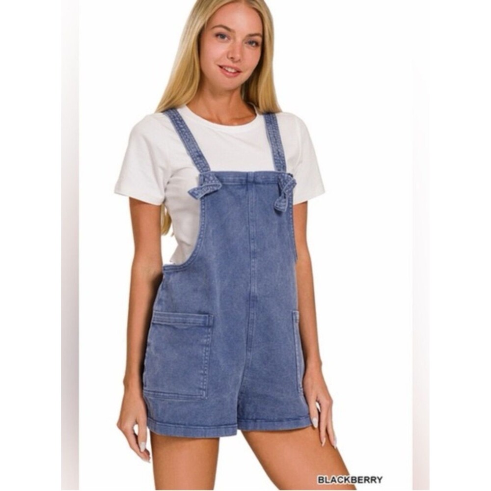 Zenana Blue Romper Overalls Size M NWT Casual Summer - Picture 3 of 8